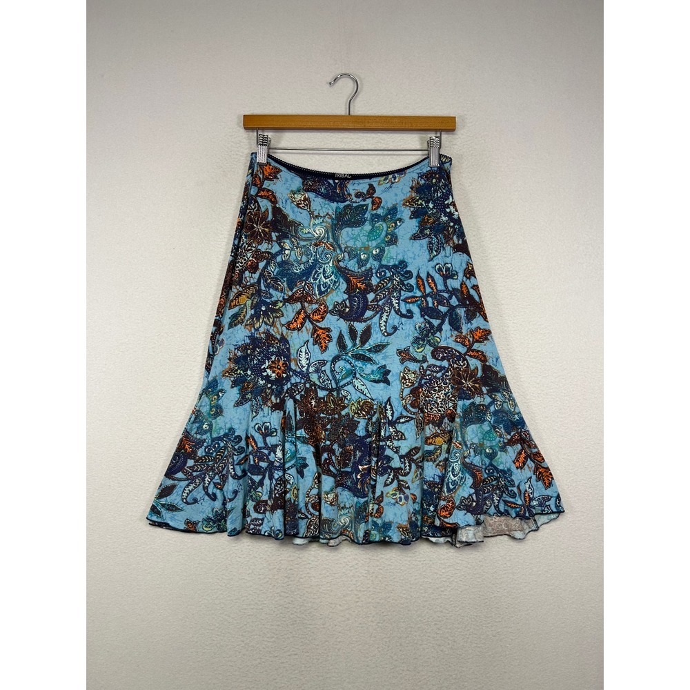 Boho Artsy Tribal Women‎ M Blue Batik Floral Paisley Flounce Lettuce Edge Skirt
